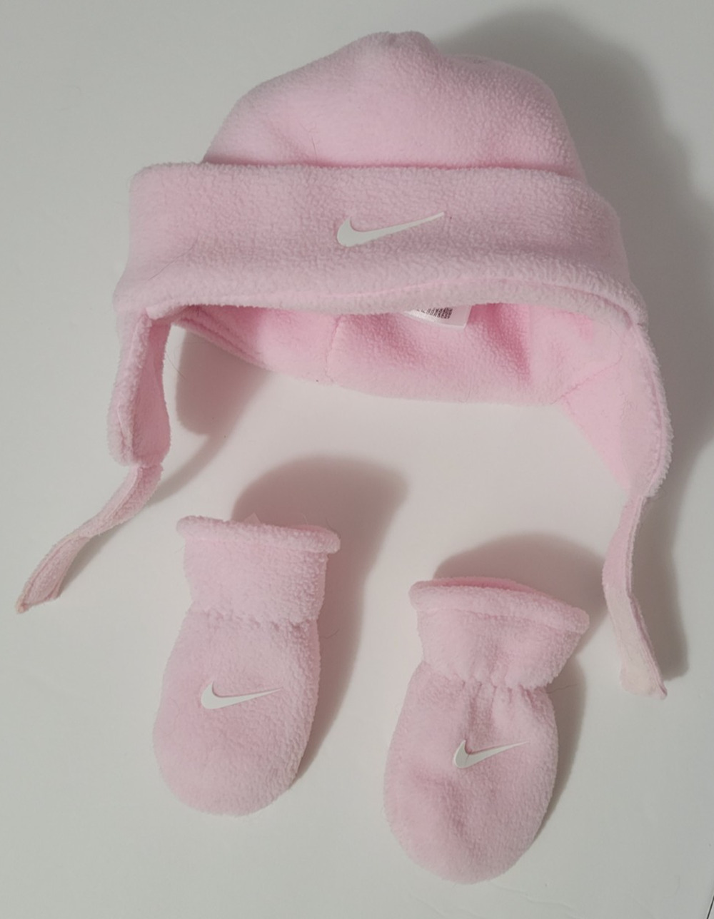 Nike Infant Baby Girls Pink Fleece Earflap Hat Mittens Set White Swoosh Winter